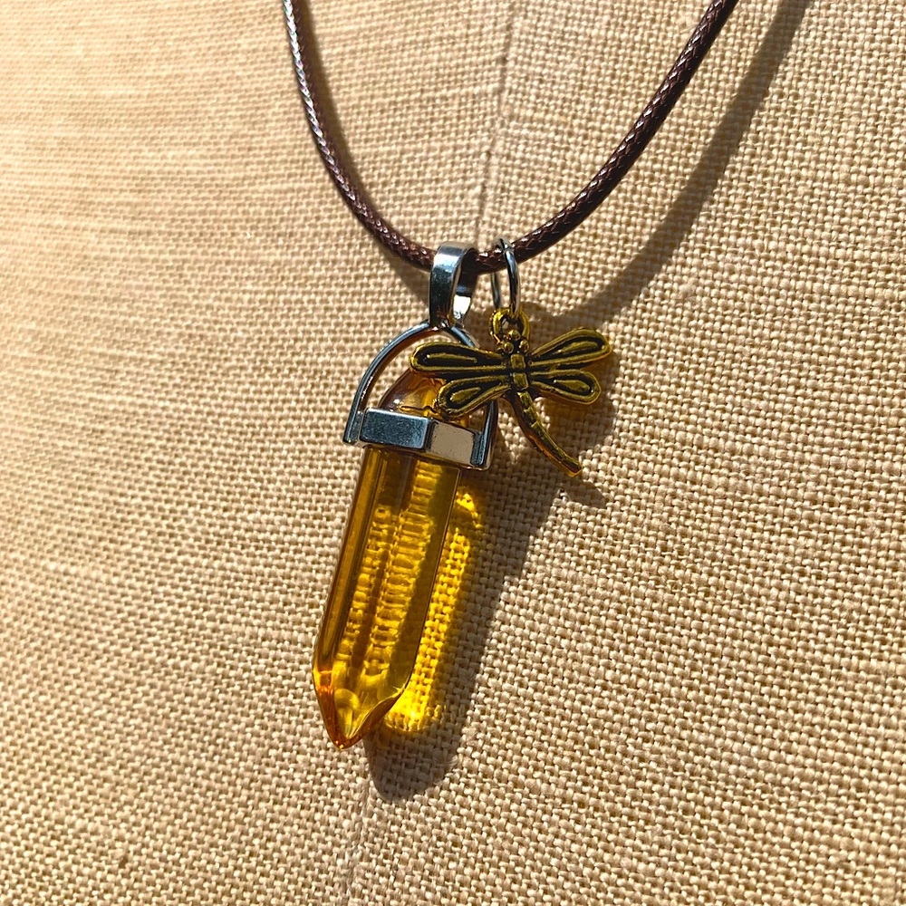 Handmade Honey Amber Resin Crystal Amulet Necklace & Dragonfly Charm